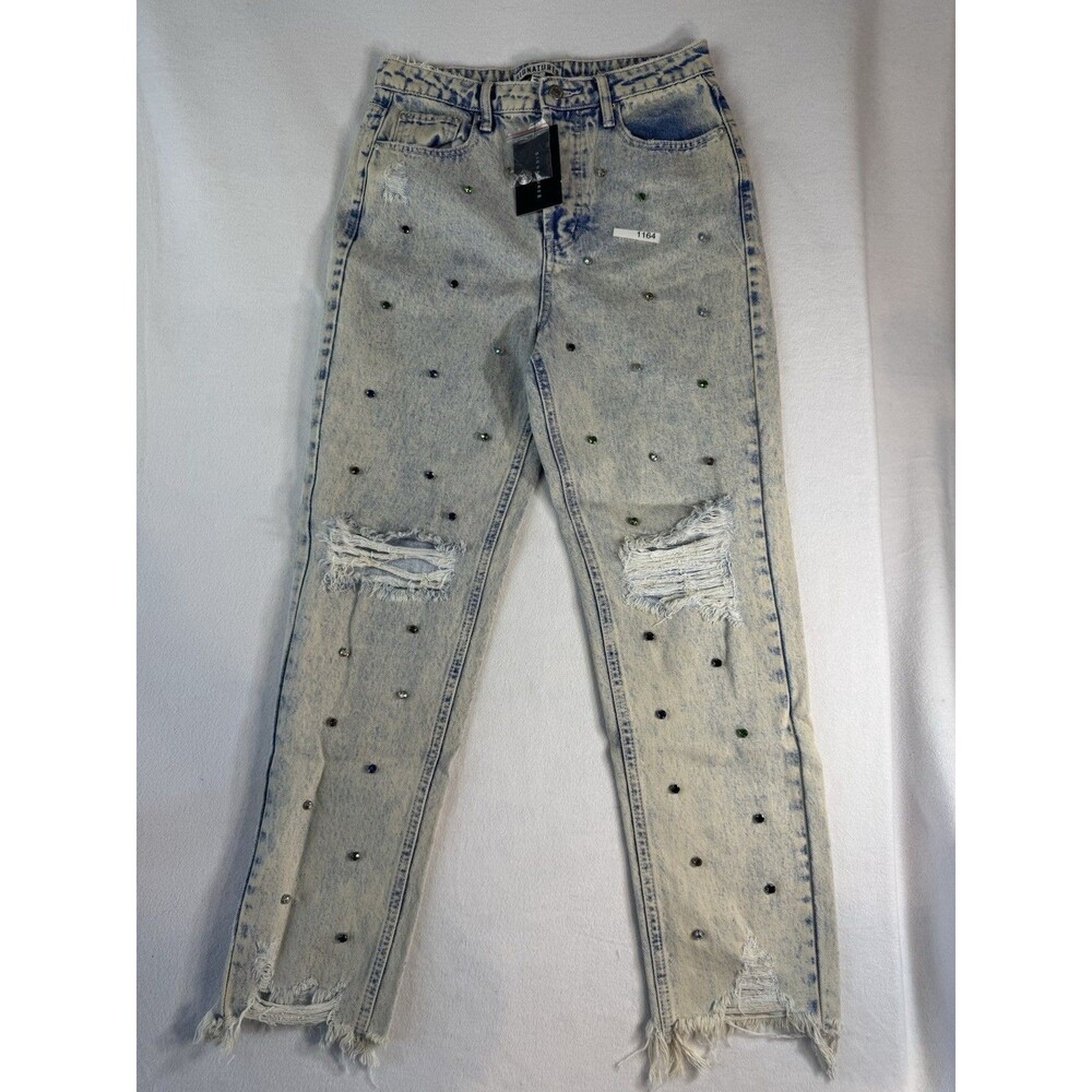 Signature 8 Womens Rhinestone Distressed Jeans Acid Wash Denim Size Small NWT